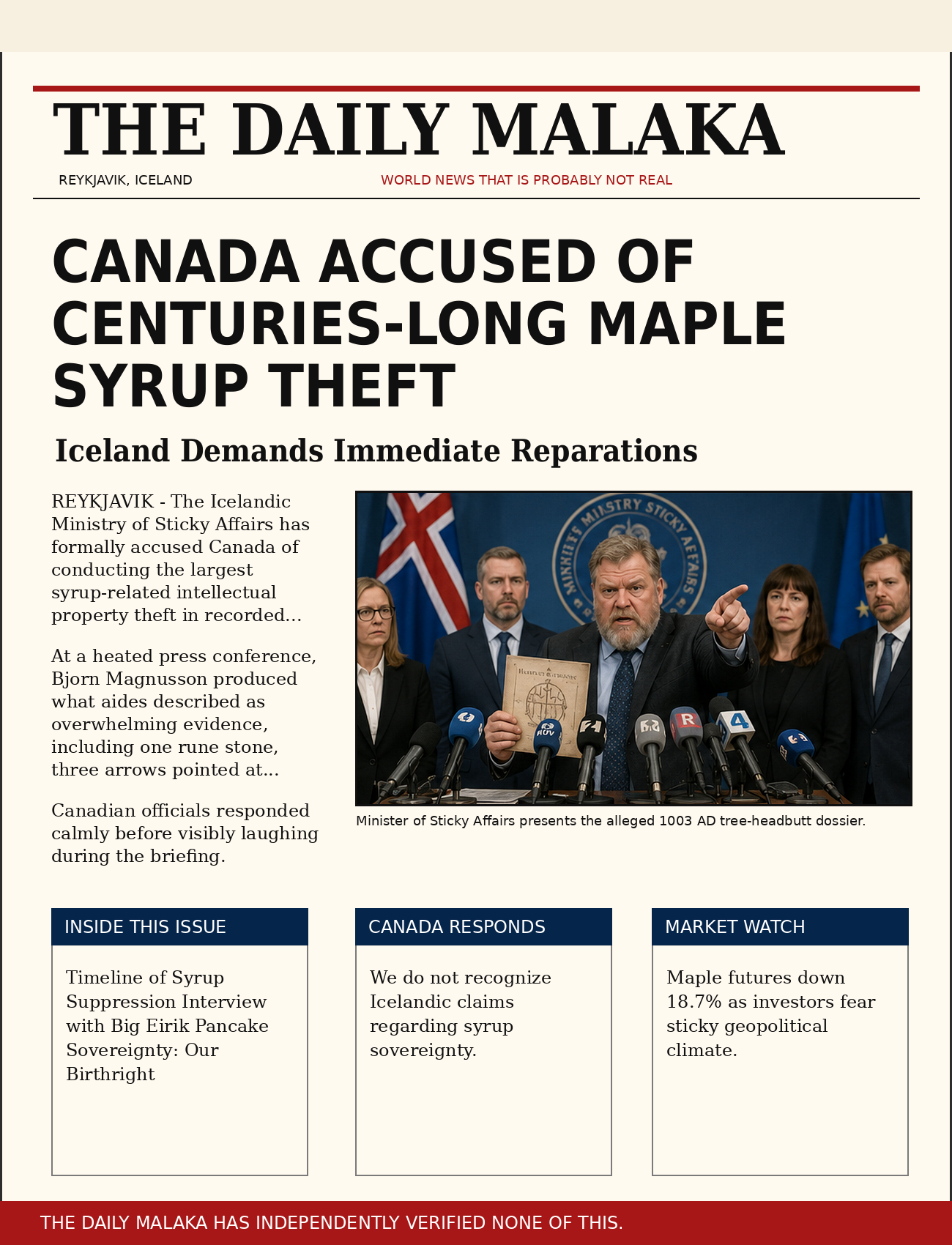Fake Daily Malaka front page about syrup theft